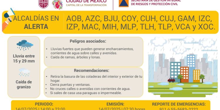 CDMX emite alerta amarilla por lluvias intensas y granizo este lunes
