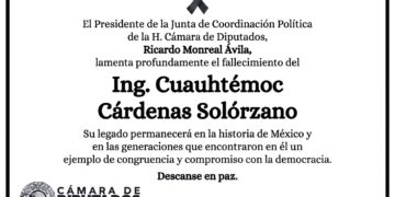 El presidente de la Junta de Coordinación Política, diputado Ricardo Monreal, expresa su profundo pesar por el fallecimiento del Ing. Cuauhtémoc Cárdenas Solórzano